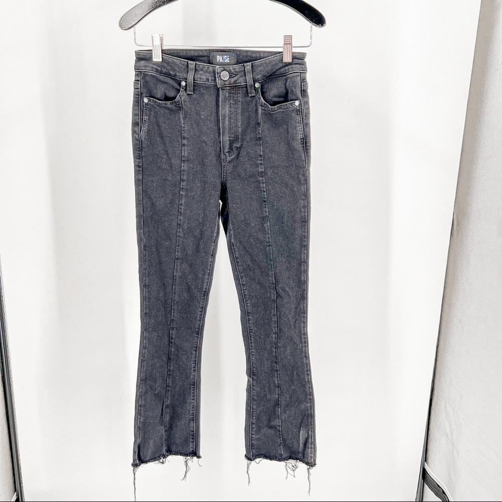 Paige black jeans with unhemmed bottom. Colette Crop Flare
